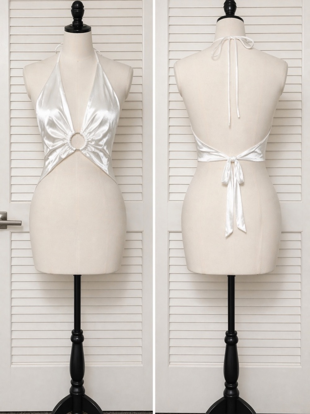 Satin white Tie Back Halter Top Metallic Y2K Festival Party Crop Top Size M